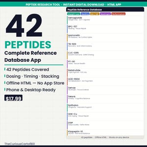 Peptidreferensdatabas | 42 Peptidguide | Doseringstidpunkt Stackning | BPC-157 Semaglutid TB-500 | HTML Research-app