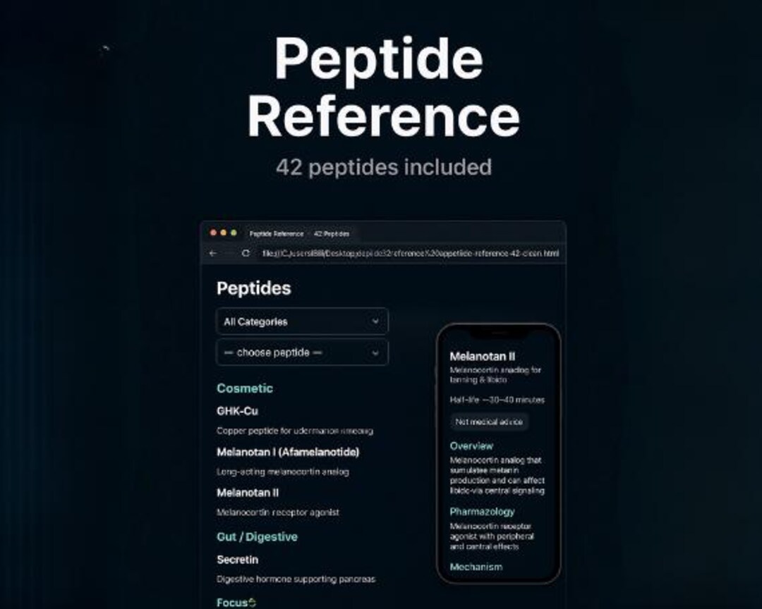 Peptide Reference App (42 Peptides) • Offline HTML Guide • Dosing ...