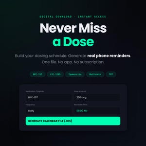 Può includere: Grafica scaricabile digitalmente con il testo "Never Miss a Dose" in bianco e verde. La grafica promuove la creazione di un programma di dosaggio e la generazione di promemoria telefonici. Include campi per farmaci, dose, frequenza e ora del promemoria.