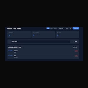 May include: A dark blue digital interface titled "Peptide Cycle Tracker." It displays data fields for total entries, unique peptides, and this week's entries. The interface shows entries for February 7, 2026, including times, peptide names, and dosages.