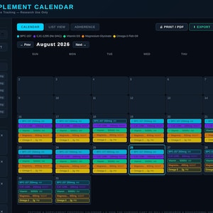 Peptid- och kosttillskottsspårningskalender | Följsamhetsspårning, tidsplanering, redigering av protokoll | HTML-app
