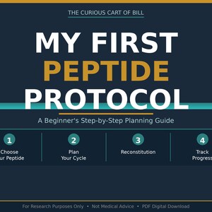 May include: A dark blue digital guide titled MY FIRST PEPTIDE PROTOCOL: A Beginner's Step-by-Step Planning Guide. It features four numbered steps: 1 Choose Your Peptide, 2 Plan Your Cycle, 3 Reconstitution, and 4 Track Progress, with text at the bottom.