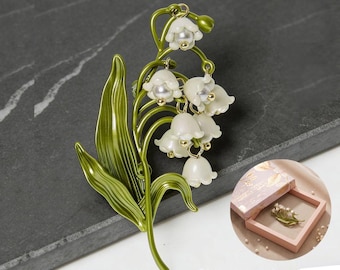 Vintage Lily of the Valley Enamel Brooch, Silver-Plated Floral Pin, Elegant Gift