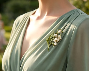 Broche Lírio-do-Vale, Alfinete Floral Vintage em Esmalte, Acessório de Noiva para Casamento