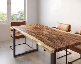 Mesa de comedor rústica moderna, mesa de comedor con borde natural, mesa de tablón de madera maciza, muebles de madera dura hechos a mano, tamaño personalizado.