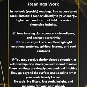 Op de afbeelding: Een digitale afbeelding met tekst die uitlegt "Hoe mijn No-Tools Psychic Readings werken." De tekst beschrijft het proces van paranormale readings, met de nadruk op energieverbinding, gekanaliseerde inzichten en helderheid.