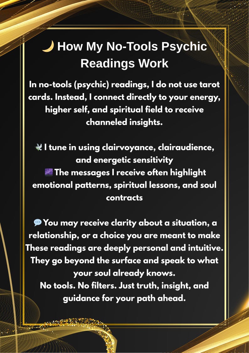 Op de afbeelding: Een digitale afbeelding met tekst die uitlegt "Hoe mijn No-Tools Psychic Readings werken." De tekst beschrijft het proces van paranormale readings, met de nadruk op energieverbinding, gekanaliseerde inzichten en helderheid.
