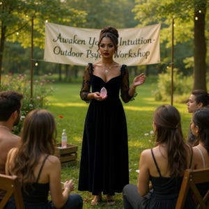 Op de afbeelding: Een vrouw in een zwarte fluwelen jurk met kanten mouwen houdt een roze kristal vast en spreekt buiten een groep toe. Een banner toont "Awaken Your Intuition - Outdoor Psychic Workshop."