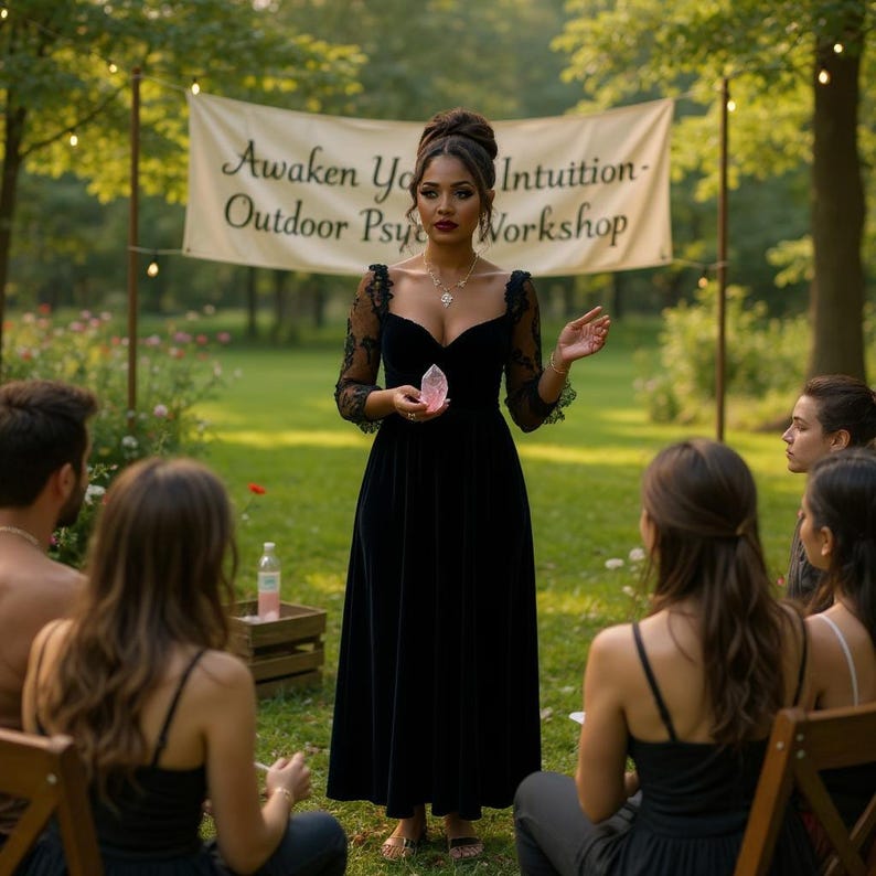 Op de afbeelding: Een vrouw in een zwarte fluwelen jurk met kanten mouwen houdt een roze kristal vast en spreekt buiten een groep toe. Een banner toont "Awaken Your Intuition - Outdoor Psychic Workshop."