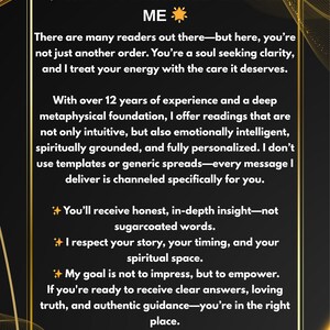 Op de afbeelding: Een zwart-gouden afbeelding met de tekst "WHY YOU SHOULD CHOOSE ME". De tekst beschrijft gepersonaliseerde readings met meer dan 12 jaar ervaring, die eerlijk inzicht en spirituele begeleiding bieden.