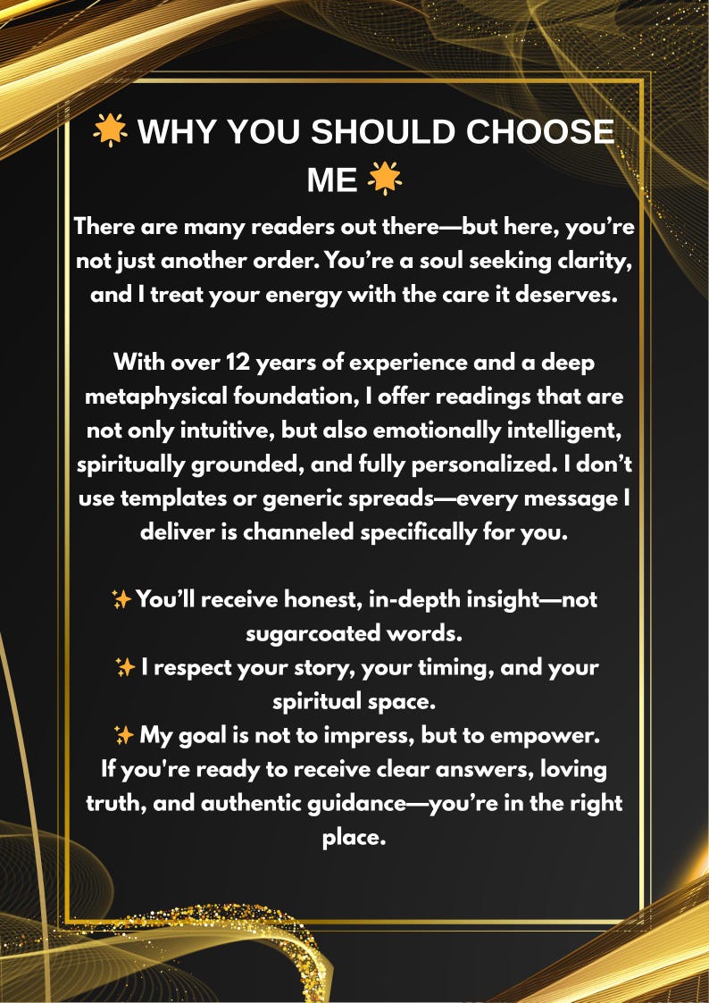 Op de afbeelding: Een zwart-gouden afbeelding met de tekst "WHY YOU SHOULD CHOOSE ME". De tekst beschrijft gepersonaliseerde readings met meer dan 12 jaar ervaring, die eerlijk inzicht en spirituele begeleiding bieden.