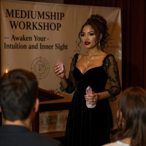 Op de afbeelding: Een vrouw in een zwarte jurk houdt twee roze kristallen vast tijdens een workshop. De banner achter haar leest "Mediumship Workshop - Ontwaak je - Intu&iuml;tie en Innerlijk Zicht."