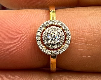 Anillo de doble halo con diamantes redondos de 0,56 quilates, banda flotante de oro de 14 quilates, delicado anillo geométrico con diseño de racimo, joyería vintage Art Déco para promesas.
