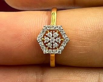 Anillo con halo de diamantes hexagonales de 1,03 ct, anillo geométrico vintage de oro de 14 quilates, alianza floral Art Déco, anillo de promesa único con forma de copo de nieve.