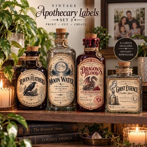 May include: Four glass apothecary bottles with cork stoppers and vintage-style labels. The labels feature text including Raven Feathers, Moon Water, Dragon's Blood, and Ghost Essence, along with illustrations of a raven, moon, dragon, and ghost.