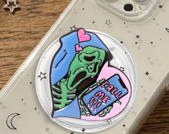 Heart Phone Grip, Spooky Skeleton Stand, Pastel Goth Accessory (Magnetic or Adhesive)