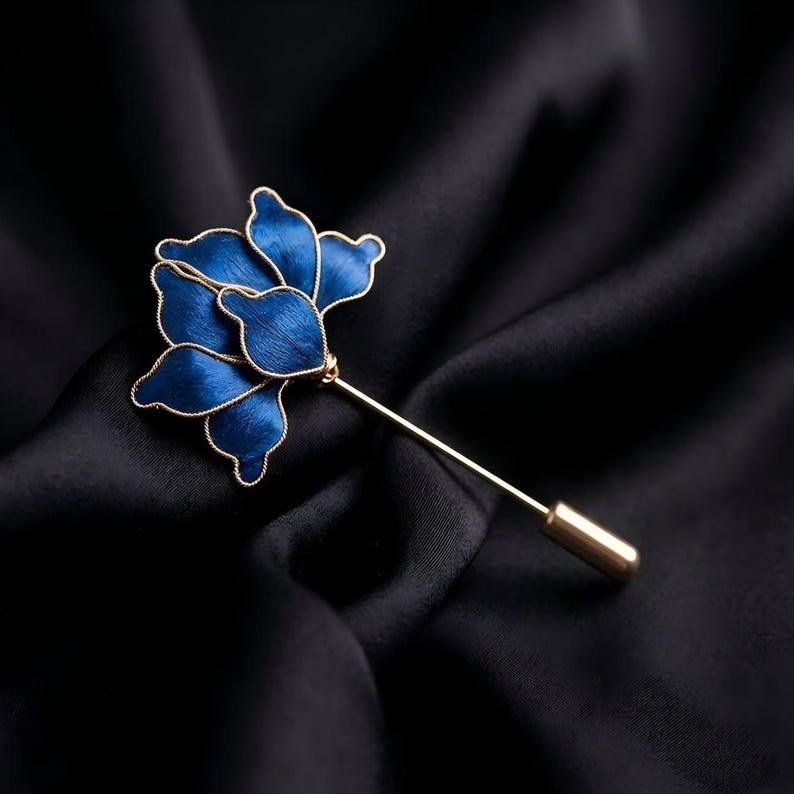 Handmade Silk Flower Lapel Pin & Wedding Boutonniere, Multiple Colors, Unisex for Men Women, Bridal Party Daily Wear Holiday Gift bright blue