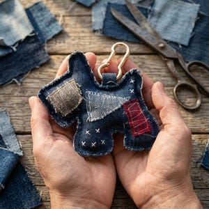 10cm リサイクルデニム製犬用バックパックチャーム＆車用オーナメント｜かわいいギフトキーホルダー｜誕生日プレゼント｜犬用アクセサリーギフト｜バッグアクセサリー