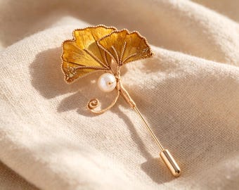 Silk Ginkgo Brooch Pin, Matching Earrings, Gold Leaf Lapel Accessory, Silk Anniversary Gift
