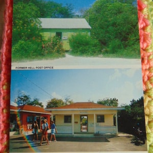 May include: A postcard showing two images of a post office building. The top image shows a small, green building with a white roof. The bottom image shows a larger, yellow building with a white roof. The text "Former Hell Post Office" is printed above the top image and "Hell Post Office Today" is printed below the bottom image. The text "Photo Ed Oliver" is printed in the bottom right corner.