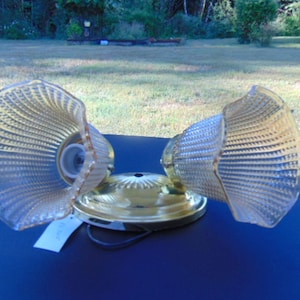 May include: A dual-light fixture with a gold-colored base and two clear, fan-shaped glass shades. The shades have a textured, ridged pattern. The fixture is designed for ceiling mounting and includes a power cord.