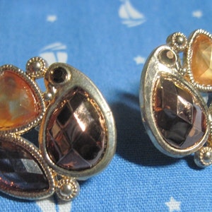 Vintage BEAUTIFUL Art Deco Gold w/ Faceted Topaz&#39;s & Bronze &quot;Jewels&quot; Stud Earrings..9815...Jewelry for Mom,70&#39;s Jewelry,High End,Top Quality