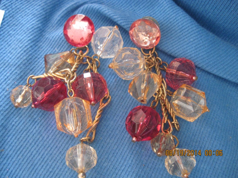 Vintage BIG BOLD STATEMENT Long Gold and Amber,Rose /& Clear Faceted Chunky Lucite Beaded Dangle Stud Earrings..#7188 Play TimeDress Up