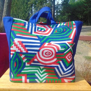 Handmade VINTAGE 60&#39;s Italian Abstract Barkcloth & Royal Blue Duckcloth Double Strength Shopping/Tote Bag...Shopping,Travel,School,Office