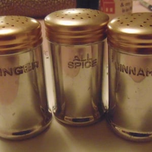 May include: Three vintage spice shakers with gold-colored lids and silver-colored bodies. The shakers are labeled "GINGER", "ALL SPICE", and "CINNAMON" in embossed lettering. The lids have small holes for dispensing the spices.