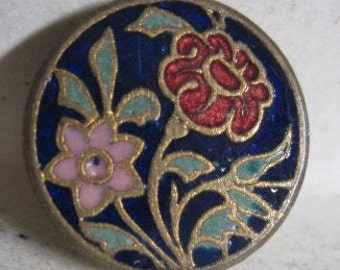 ANTIQUE Excellent Superb Gilt CHAMPLEVE Enamel Button w/ Red & Pink Posies,Garter BKMK.....#1691