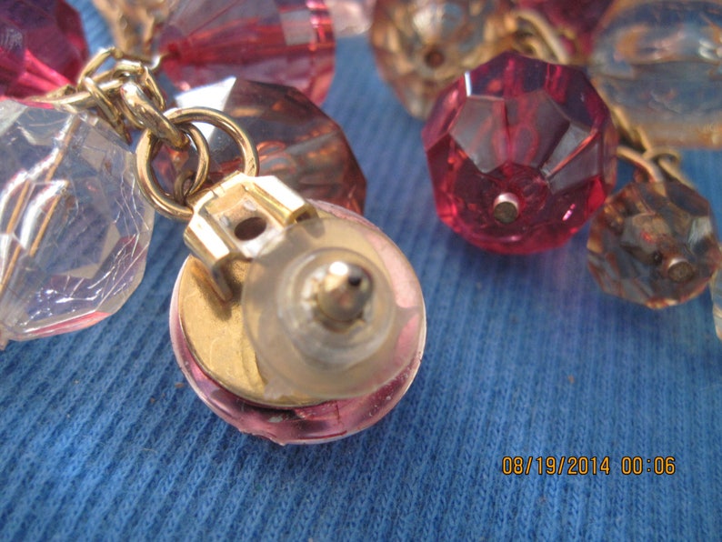 Vintage BIG BOLD STATEMENT Long Gold and Amber,Rose /& Clear Faceted Chunky Lucite Beaded Dangle Stud Earrings..#7188 Play TimeDress Up