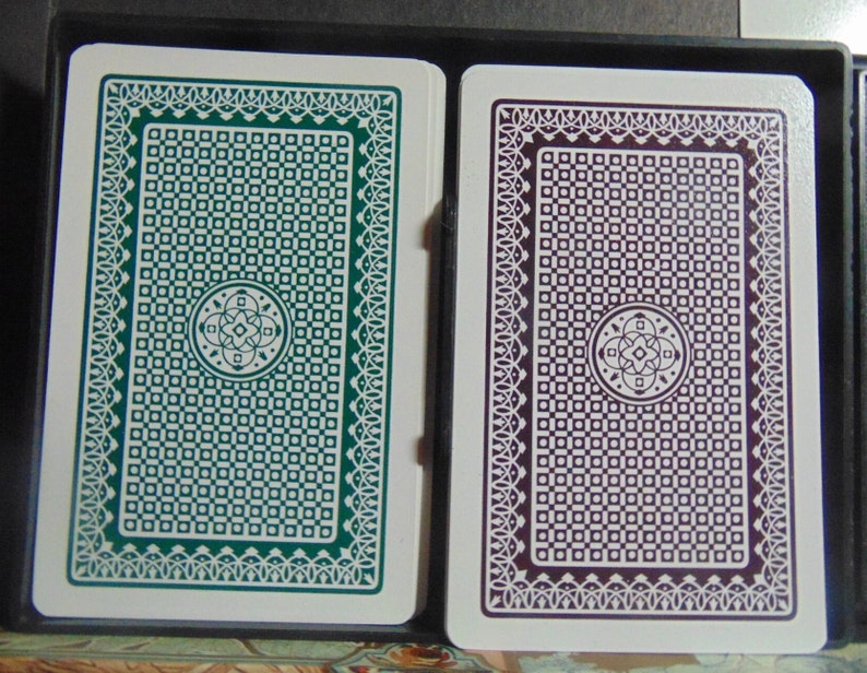 Two Color Back Playing Cards Vintage 1976 W/1935cr KEM Double Deck Green & Brown 'wallpaper
