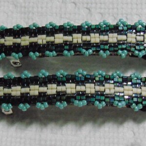 Green Teal,Gray Diamond,Cream & Luster Lagoon Toho 1.5 mm CUBE/ROUND Beaded 3 Stripe/Lacy Barrettes...set of 2 Large..HaNDMADe OOAK #1819h