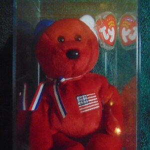 May include: Red beanie baby bear wearing a blue and white striped scarf and a white hat with an American flag on its chest. The bear is in a clear plastic case with a green label that says "AMERICA".