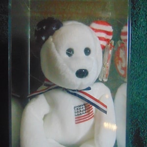 May include: White plush bear wearing a red, white, and blue hat and a ribbon. The bear has a small American flag on its chest with rhinestones. The bear is in a clear plastic display case with a blue label that says "AMERICA".