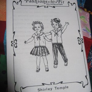 May include: A black and white illustration of two children wearing sailor outfits. The illustration is on a white sheet of paper with a decorative border. The text "Fashions to Fit Doll Clothes Patterns" is at the top of the page. The text "Shirley Temple" is at the bottom of the page. The date "02/15/2016 02:50" is also at the bottom of the page.