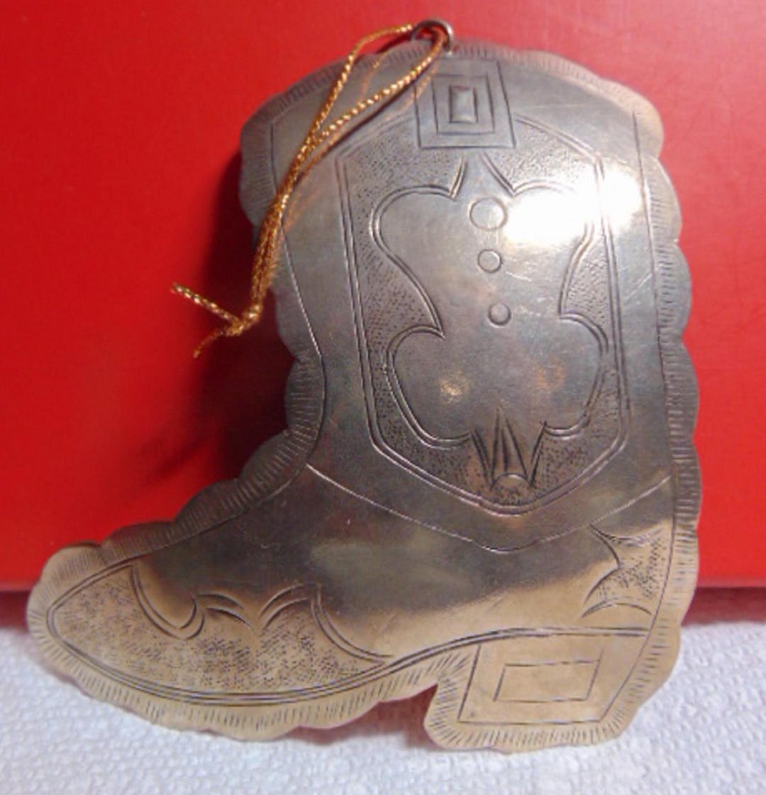 Vintage AWESOME Large Etched Silver Metal Western Boot Christmas