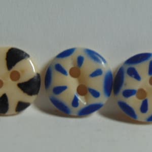 ANTIQUE 19th/20th Century BEAUTIFUL Set of 3: 7/16&quot; Blue & Black Stenciled China Buttons...in the BBB ...#4012