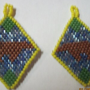 BEAUTIFUL Native Style Micro Beaded Picture Brown Bear with Bluebird Earrings...Brown and Bluebird Mix..1540h...Pick Your Earring Type/Style