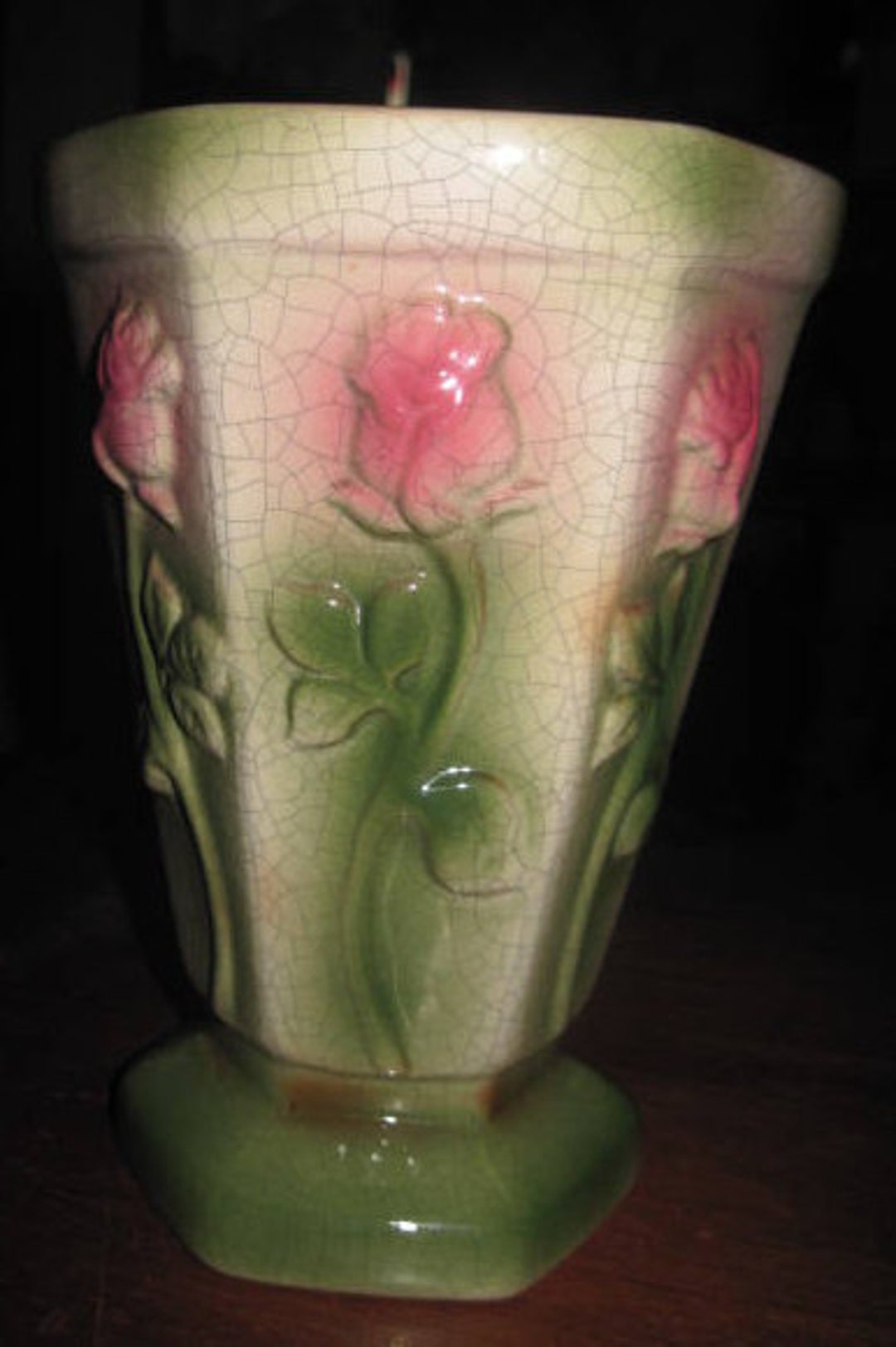 VINTAGE 1940'S/50'S BLOOM-RITE Stamped Ceramic Glazed Rose Hexagon Vase ...