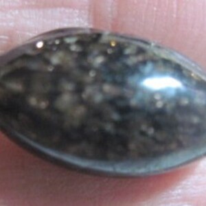 May include: A dark gray, oval-shaped cabochon gemstone with a smooth, polished surface. The stone has a unique, speckled pattern with small, white inclusions.