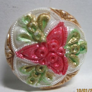 ANTIQUE WONDERFUL 1930&#39;s/40&#39;s Lacy Milk Glass Glass Button w/ Bright Polychrome Enamel...#659