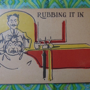 ANTIQUE Excellent 1900&#39;s Barber Shop &quot;Rubbing it In&quot; Humorous Postcard..Unused..1864 Paper Ephemera,Collecting Postcard,Scrapbook
