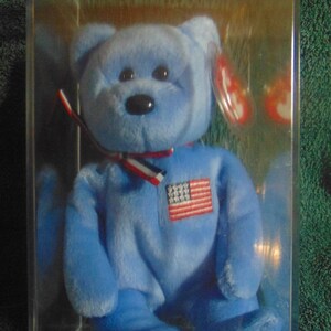 May include: A blue beanie baby bear wearing a red, white, and blue ribbon and a small American flag patch. The bear is sitting in a clear plastic display case with the word "AMERICA" printed on the bottom.
