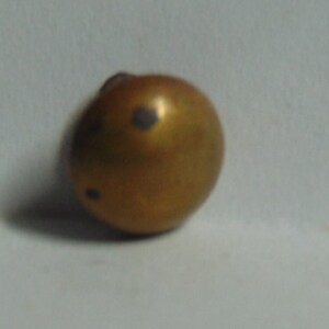 May include: A round, gold-colored button with two black dots.