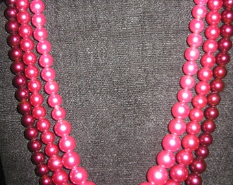 Vintage GORGEOUS 50's Demi Parue Pink/Cranberry Pearl Beaded Triple Strand Necklace & Cluster Clip Earrings..#8304..Gift 4 Mom,Gift 4 Her