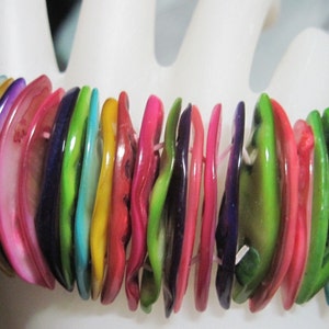 May include: A colorful bracelet made of many small, iridescent shell pieces. The bracelet is made up of shades of pink, purple, green, blue, and yellow.