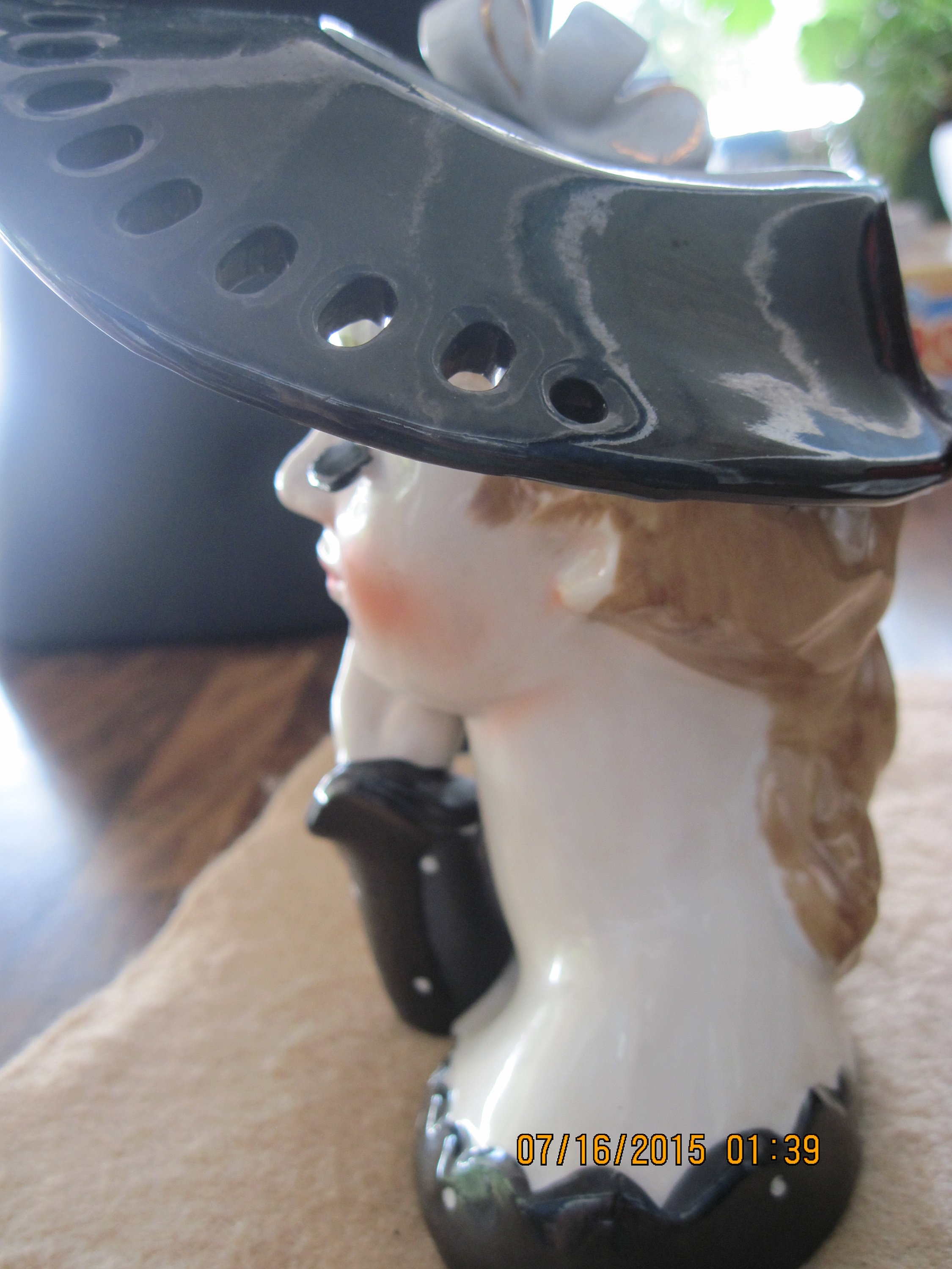VINTAGE Black & White Polka Dot Ceramic Blonde Lady's Head Planter
