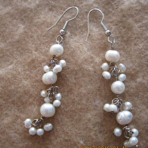 Vintage Silver & &#39;Freshwater&#39; Pearls Slender Long Cluster Dangle Pierced Earrings...#8071   Bridal Wear/ Holiday/ Special/Anytime