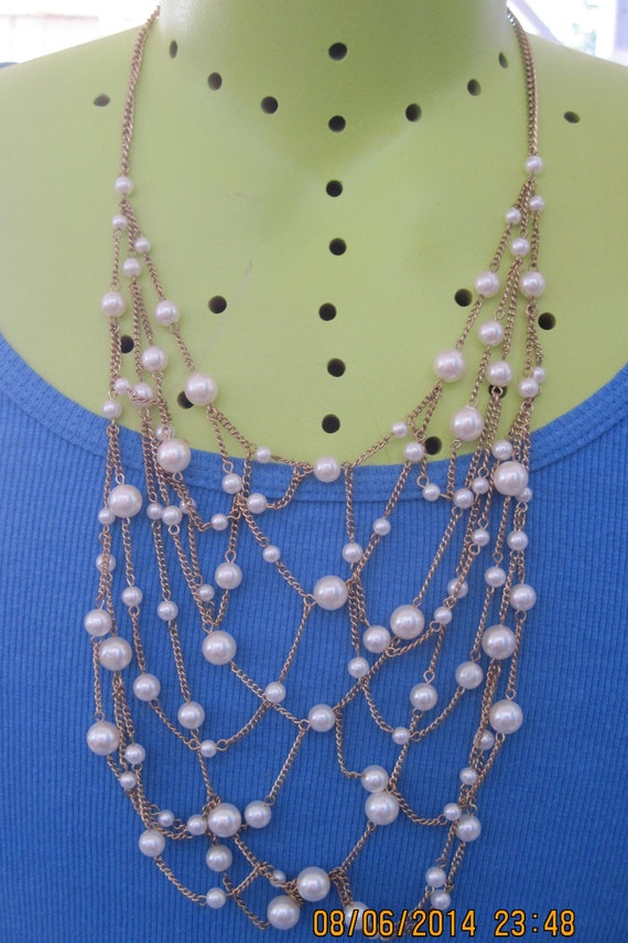 Vintage Long Gold Chain w/ 'Spiderweb' of Faux Pea